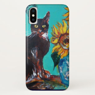 SUNFLOWERS WITH BLACK CAT IN BLUE TURQUOISE iPhone X CASE
