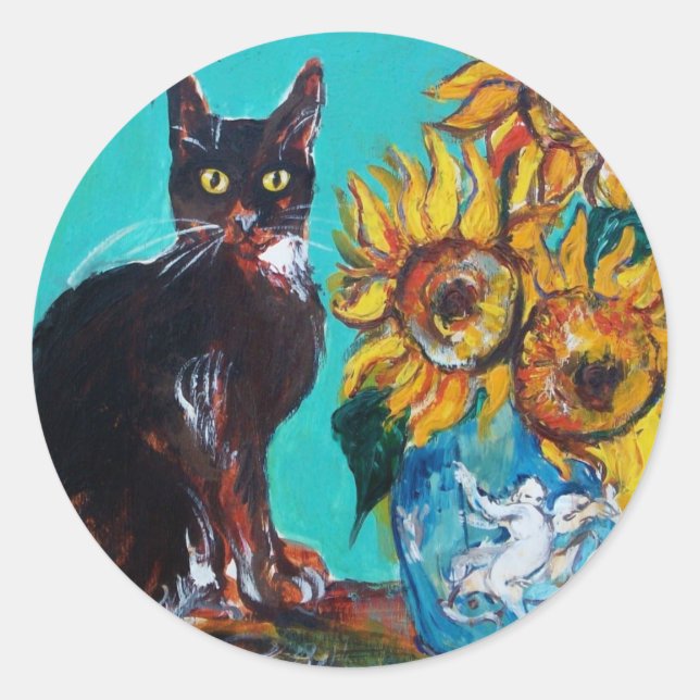 SUNFLOWERS WITH BLACK CAT IN BLUE TURQUOISE CLASSIC ROUND STICKER (Front)