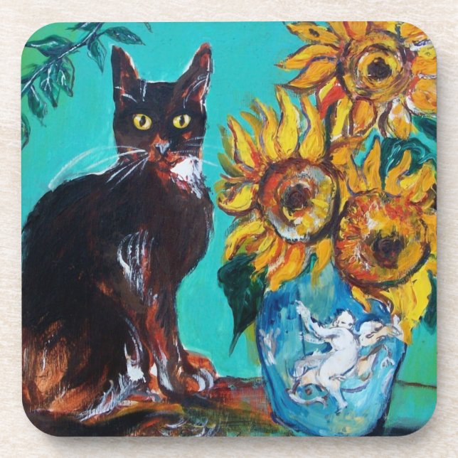 SUNFLOWERS WITH BLACK CAT IN BLUE TURQUOISE COASTER (Front)