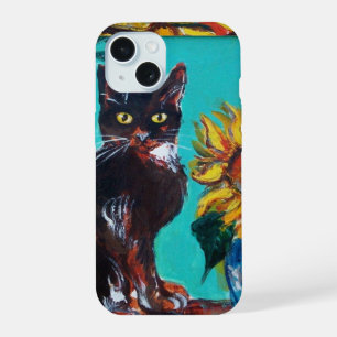 SUNFLOWERS WITH BLACK CAT IN BLUE TURQUOISE iPhone 15 CASE