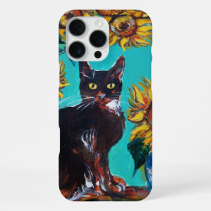 SUNFLOWERS WITH BLACK CAT IN BLUE TURQUOISE iPhone 16 PRO MAX CASE