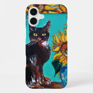 SUNFLOWERS WITH BLACK CAT IN BLUE TURQUOISE iPhone 16 PLUS CASE