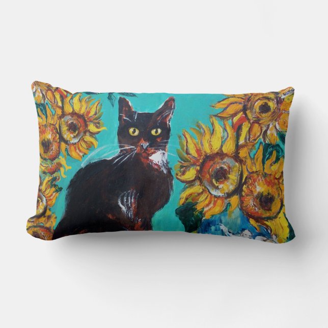 SUNFLOWERS WITH BLACK CAT IN BLUE TURQUOISE LUMBAR CUSHION (Front)