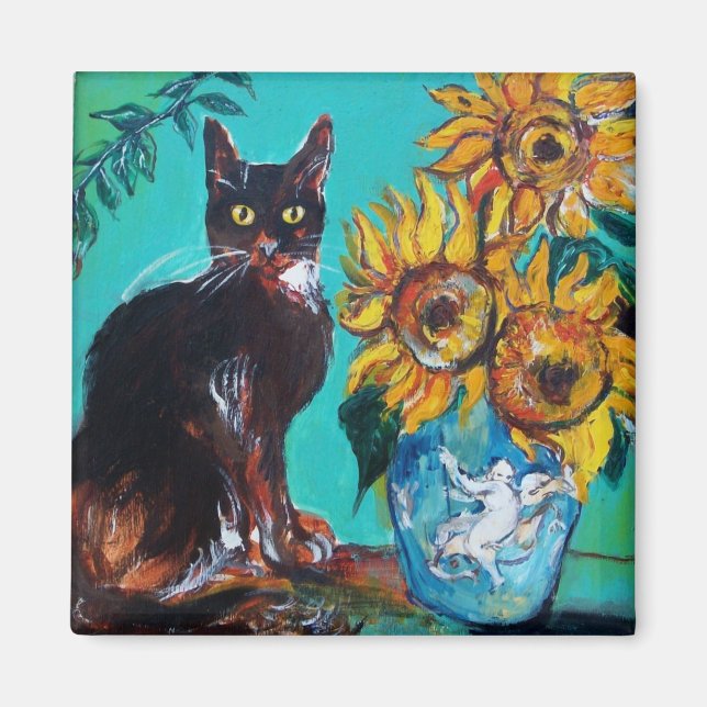 SUNFLOWERS WITH BLACK CAT IN BLUE TURQUOISE MAGNET (Front)