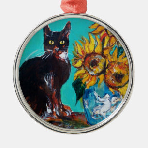 SUNFLOWERS WITH BLACK CAT IN BLUE TURQUOISE METAL TREE DECORATION
