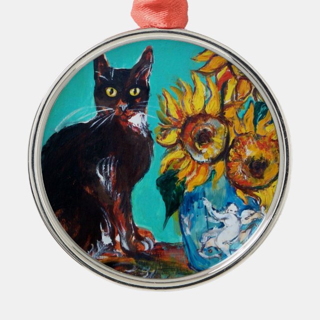 SUNFLOWERS WITH BLACK CAT IN BLUE TURQUOISE METAL TREE DECORATION (Front)