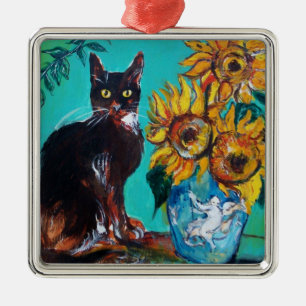 SUNFLOWERS WITH BLACK CAT IN BLUE TURQUOISE METAL TREE DECORATION