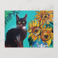 SUNFLOWERS WITH BLACK CAT IN BLUE TURQUOISE