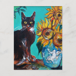 SUNFLOWERS WITH BLACK CAT IN BLUE TURQUOISE POSTCARD