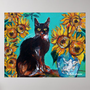 SUNFLOWERS WITH BLACK CAT IN BLUE TURQUOISE POSTER