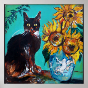 SUNFLOWERS WITH BLACK CAT IN BLUE TURQUOISE POSTER