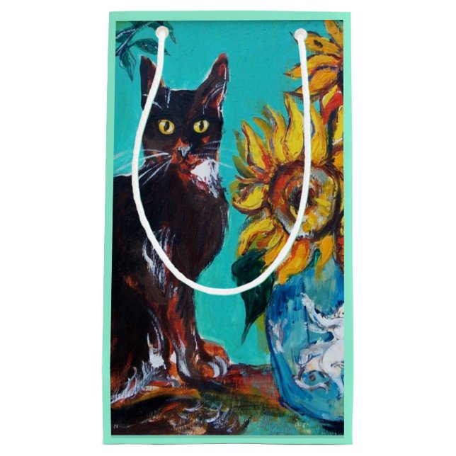 SUNFLOWERS WITH BLACK CAT IN BLUE TURQUOISE SMALL GIFT BAG (Front)