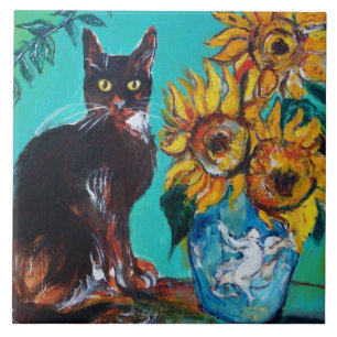 SUNFLOWERS WITH BLACK CAT IN BLUE TURQUOISE  TILE