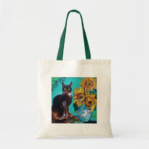 SUNFLOWERS WITH BLACK CAT IN BLUE TURQUOISE TOTE BAG