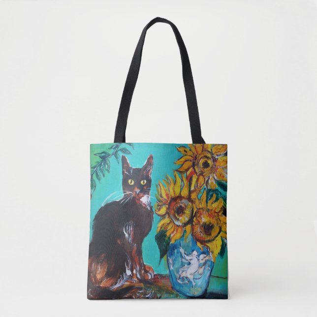 SUNFLOWERS WITH BLACK CAT IN BLUE TURQUOISE TOTE BAG (Front)