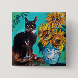 SUNFLOWERS WITH BLACK CAT,Yellow Turquoise Blue 15 Cm Square Badge