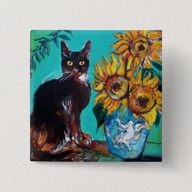 SUNFLOWERS WITH BLACK CAT,Yellow Turquoise Blue 15 Cm Square Badge (Front)