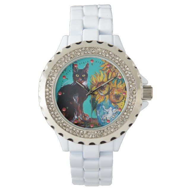 SUNFLOWERS WITH BLACK CAT,Yellow,Turquoise Blue Watch (Front)