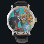 SUNFLOWERS WITH BLACK CAT Yellow Turquoise Blue Watch<br><div class="desc">Expressive , whimsical black cat , colourful sunflowers and green leaves in yellow and turquoise blue colours. Artistic and vibrant original acrylic painting  on wooden panel by Bulgan Lumini (c)</div>