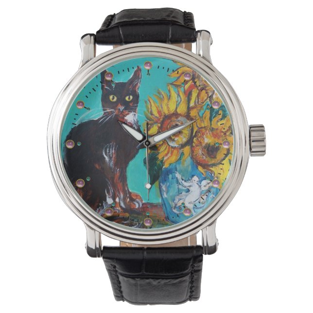 SUNFLOWERS WITH BLACK CAT Yellow Turquoise Blue Watch (Front)