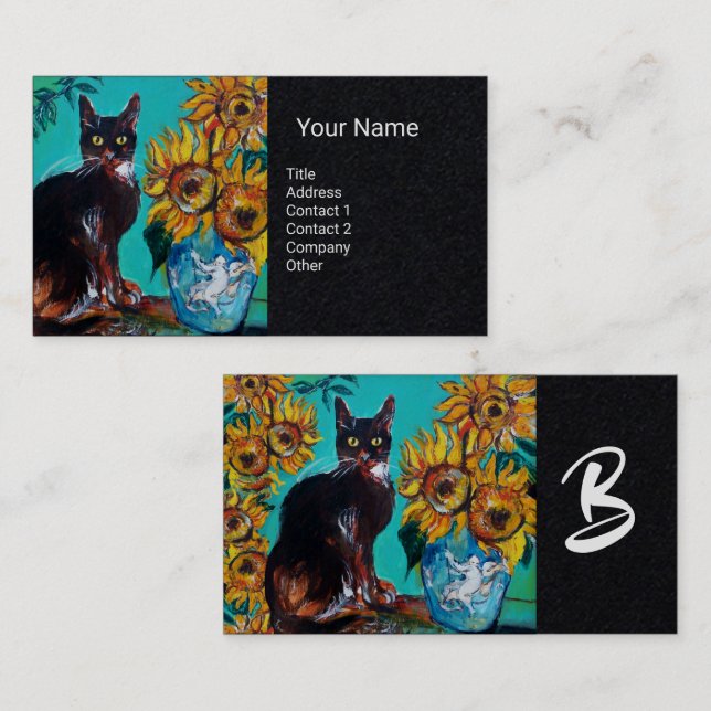 SUNFLOWERS WITH CAT IN BLUE Monogram Black Paper Business Card (Front/Back)