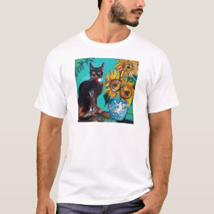 SUNFLOWERS WITH CAT IN BLUE TURQUOISE T-Shirt