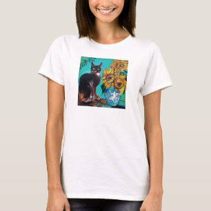 SUNFLOWERS WITH CAT IN BLUE TURQUOISE T-Shirt