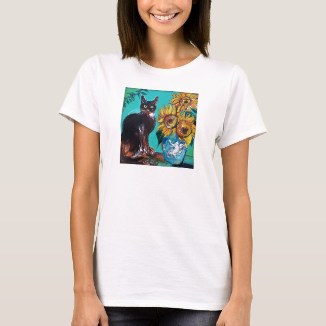 SUNFLOWERS WITH CAT IN BLUE TURQUOISE T-Shirt (Front)