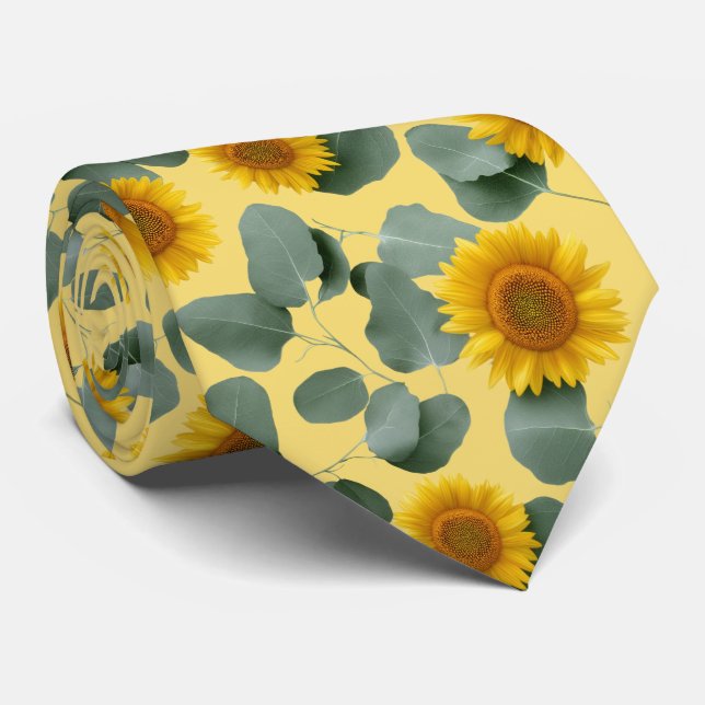 Sunflowers with Eucalyptus Leaves Pattern Tie (Rolled)