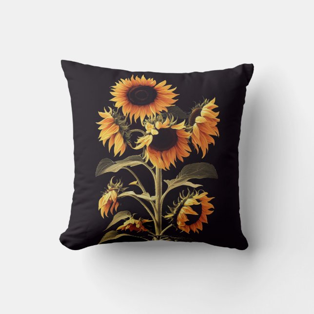 SUNFLOWERS WITH GREEN LEAVES IN BLACK CUSHION (Front)