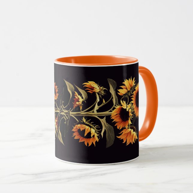 SUNFLOWERS WITH GREEN LEAVES IN BLACK MUG (Front Right)