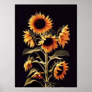 SUNFLOWERS WITH GREEN LEAVES IN BLACK POSTER