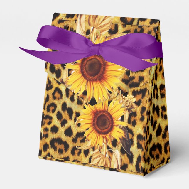 SUNFLOWERS WITH LEOPARD FUR BOW SUMMER PARTY FAVOUR BOX (Front Side)