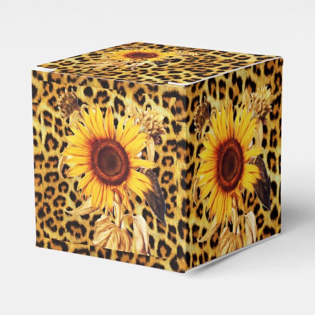 SUNFLOWERS WITH LEOPARD FUR BOW SUMMER PARTY FAVOUR BOX (Front Side)