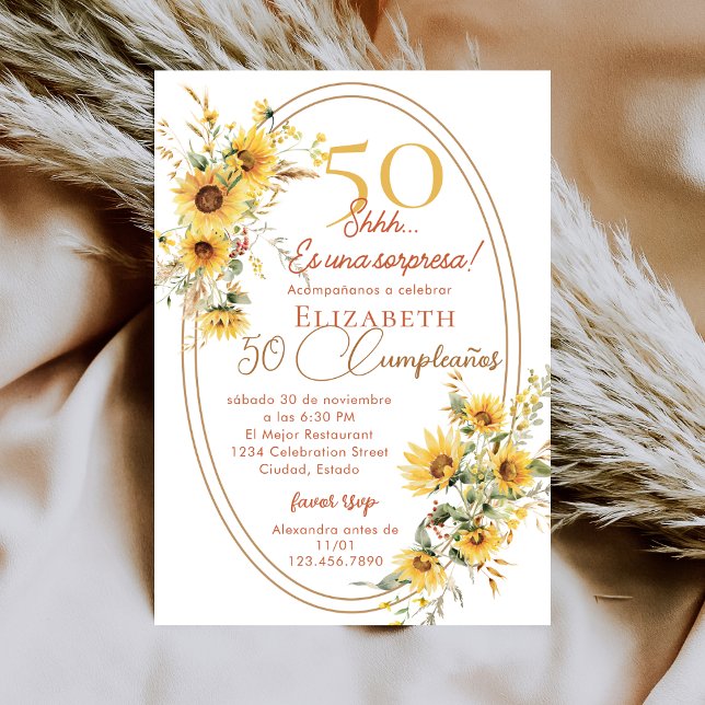 Sunflowers Women Spanish Surprise 50th Birthday Invitation (Creator Uploaded)