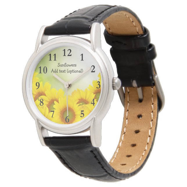 Sunflowers Women's Black Leather Strap Watch (Angled)