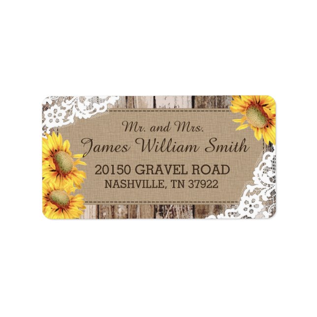 Sunflowers Wood and Lace Rustic Wedding Label (Front)
