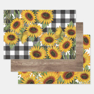 Sunflowers Wood Buffalo Plaid Wrapping Paper Sheet