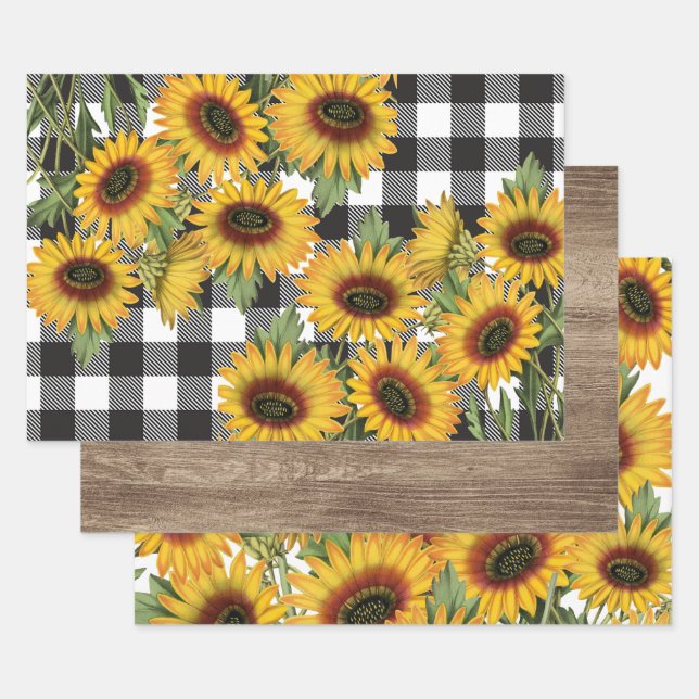 Sunflowers Wood Buffalo Plaid Wrapping Paper Sheet (Set)