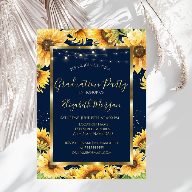 Sunflowers,Wood,Frame Navy Blue Graduation Invitation (Creator Uploaded)