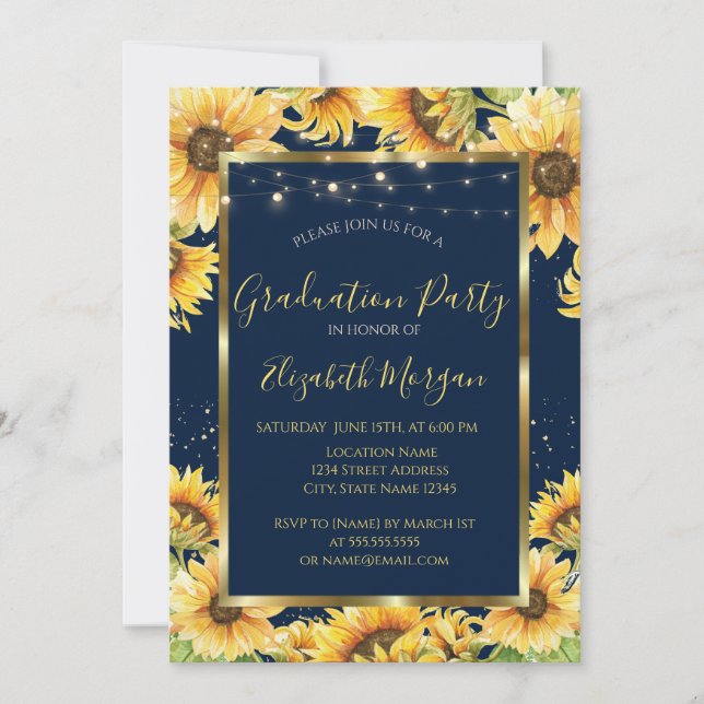 Sunflowers,Wood,Frame Navy Blue Graduation Invitation (Front)