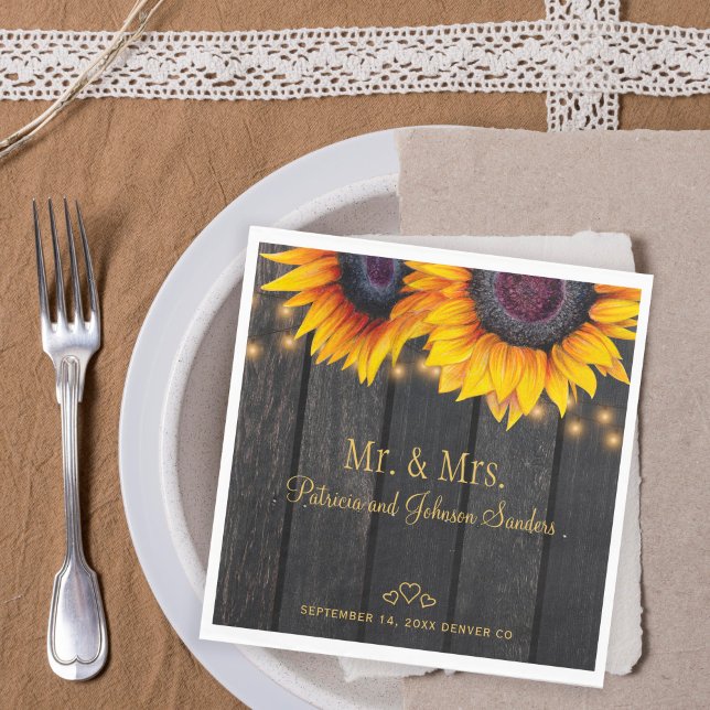 Sunflowers wood mr and mrs gold script wedding napkin (Creator Uploaded)