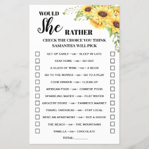 Sunflowers Would She Rather Baby Shower Game Card