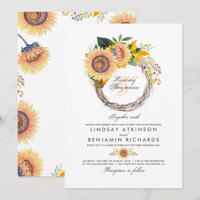 Sunflowers Wreath Rustic Fall Wedding Invitation (Front/Back)