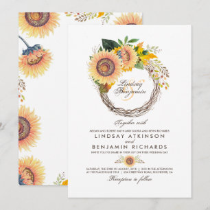 Sunflowers Wreath Rustic Fall Wedding Invitation