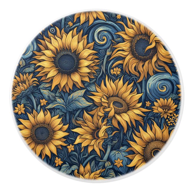 Sunflowers Yellow and Blue Swirls Ceramic Knob (Front)