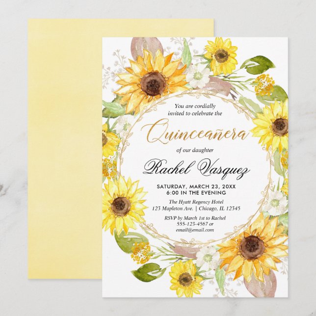 Sunflowers yellow and gold floral Quinceanera Invitation (Front/Back)
