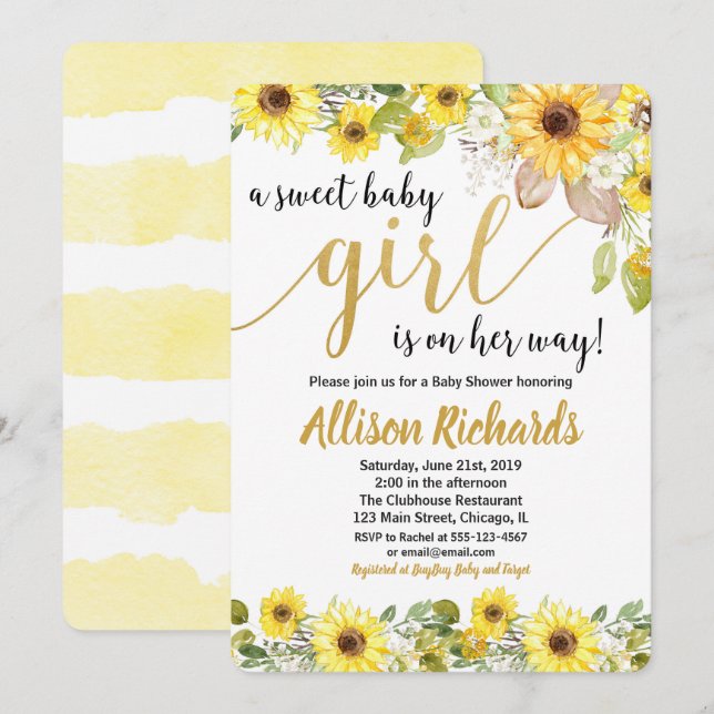Sunflowers yellow baby shower invitation for girl (Front/Back)