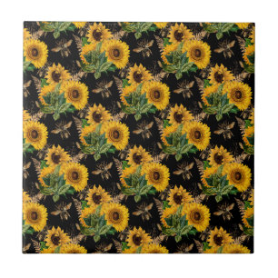 Sunflowers Yellow Black Bees Bouquet Tile