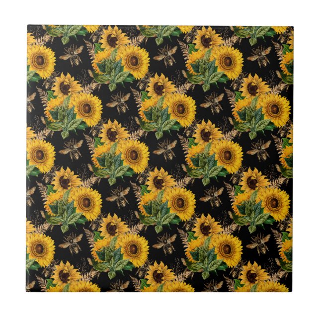 Sunflowers Yellow Black Bees Bouquet Tile (Front)